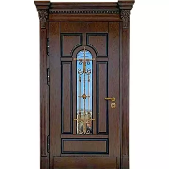металлическая парадная дверь с ковкой и карнизом