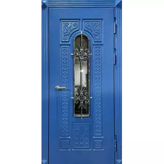 Металлическая парадная дверь с ковкой и синими МДФ панелями